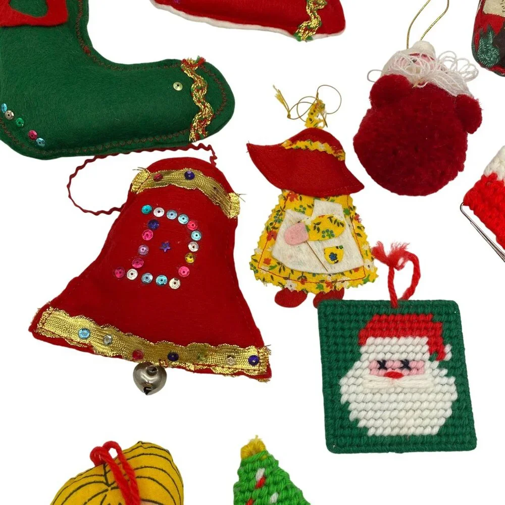 Vintage‎ Christmas handmade ornament lot felt cross stitch metal hand sewn